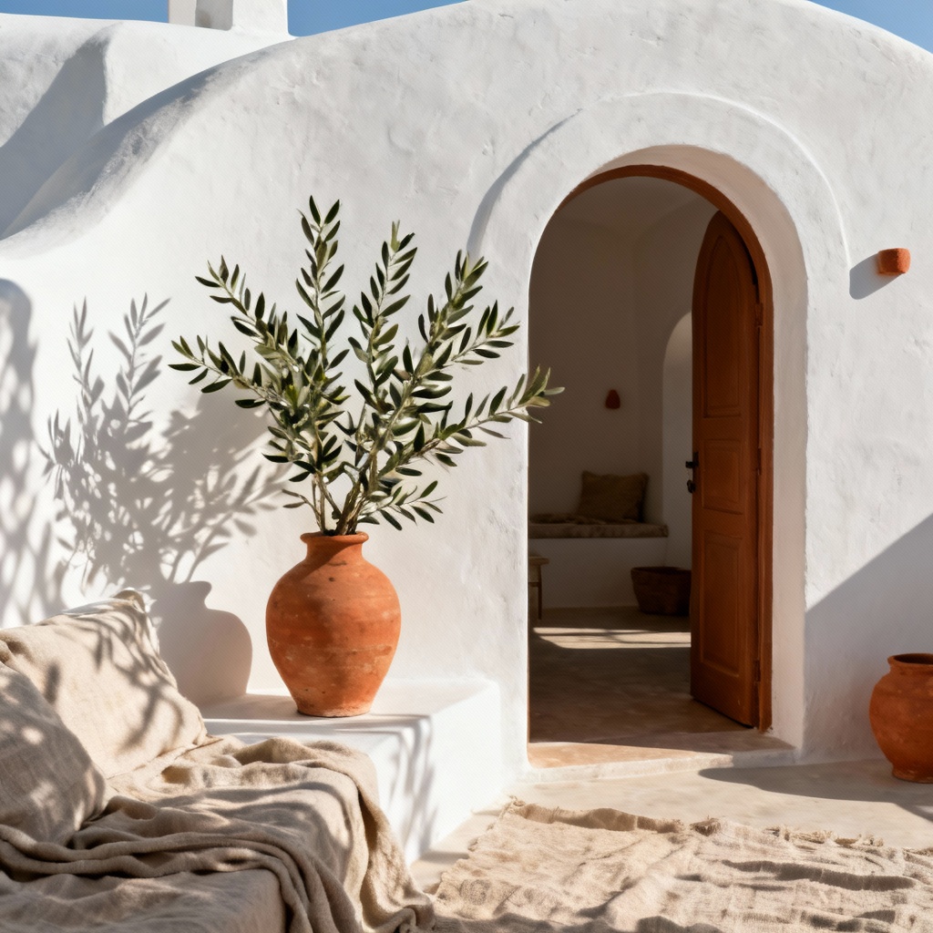 AI Cycladic minimalist interior with arched doorway and terracotta accents