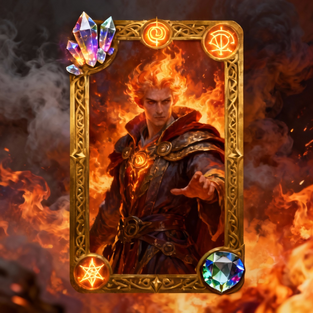 AI magic card generator example showing an arcane fire hero card