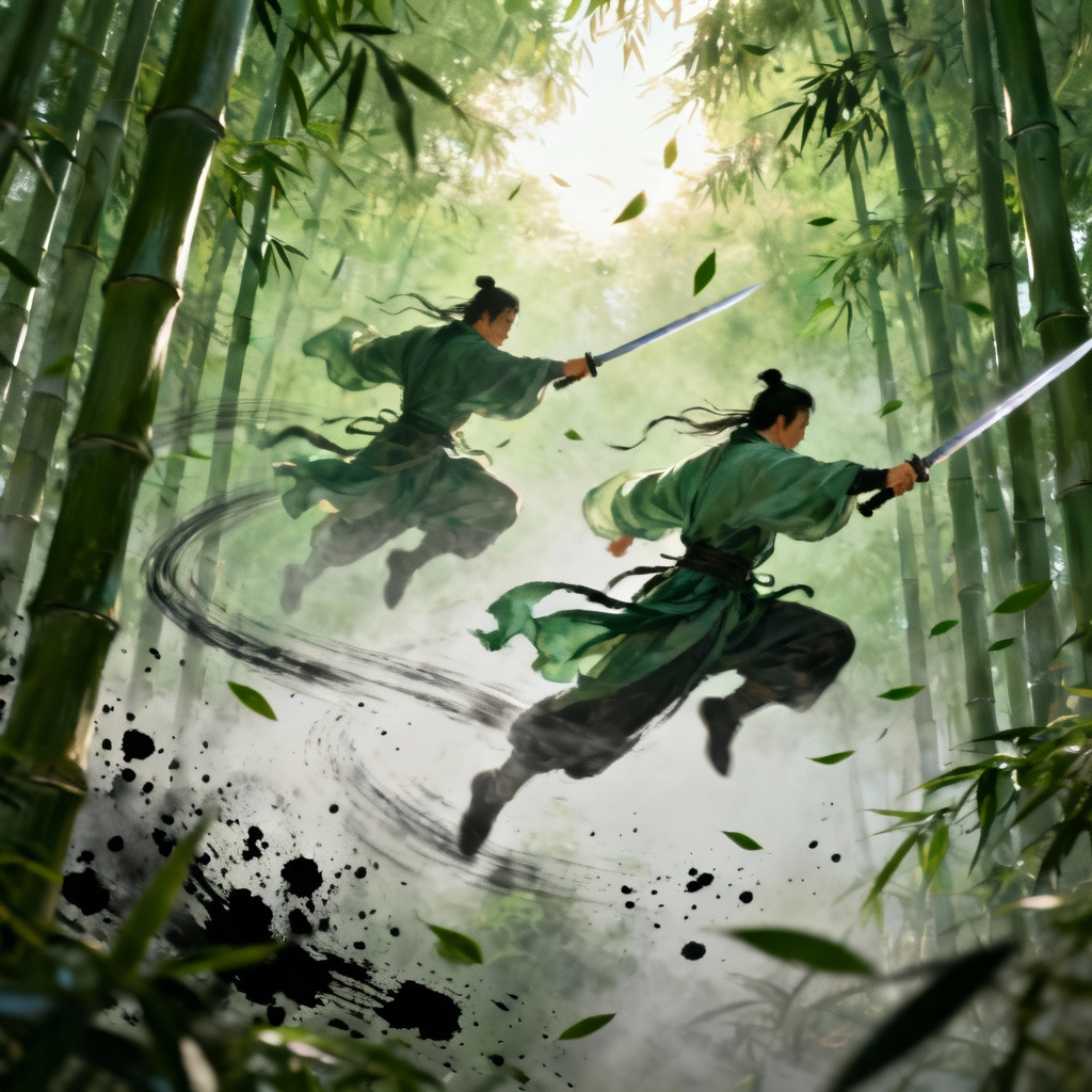 AI wuxia duel in bamboo forest