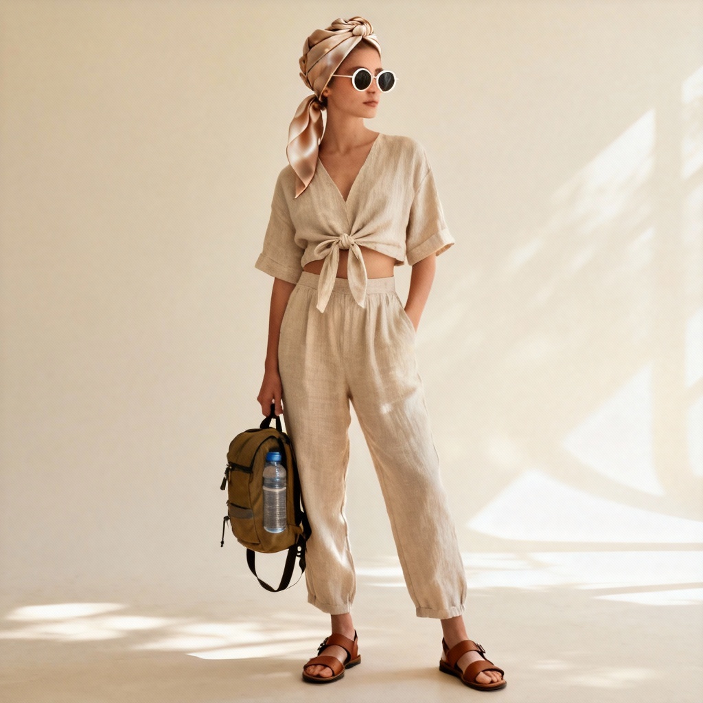 AI desert festival outfit with breathable linen and scarf