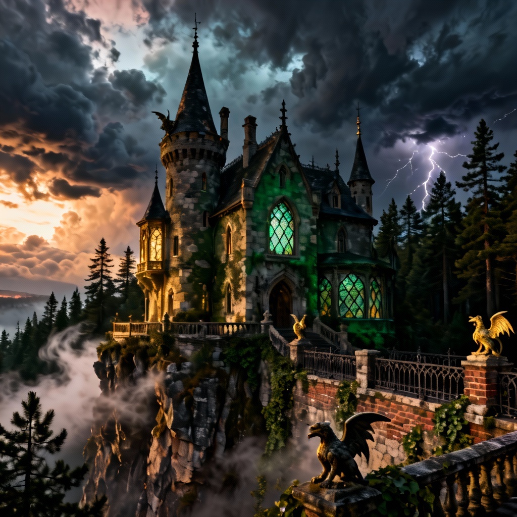 AI gothic revival cliffside chateau with turrets under moody sky
