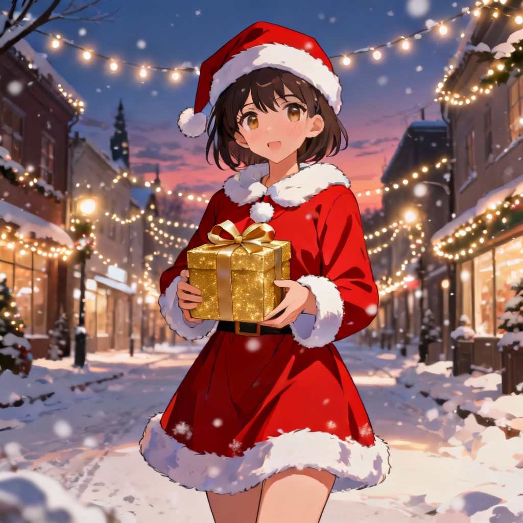 Anime Christmas girl holding a shining gift box in a snowy street