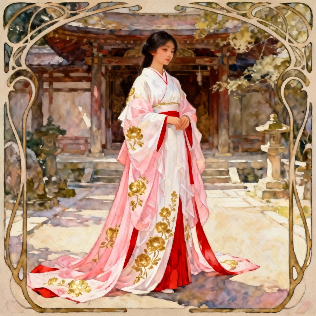 Elegant historical miko outfit with layered kimono and embroidery
