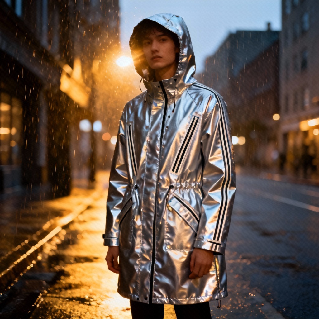 AI-generated reflective urban raincoat design on a model in light rain