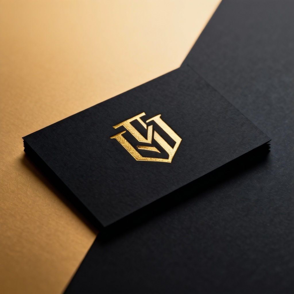 Gold foil logo embossed on a matte black business card