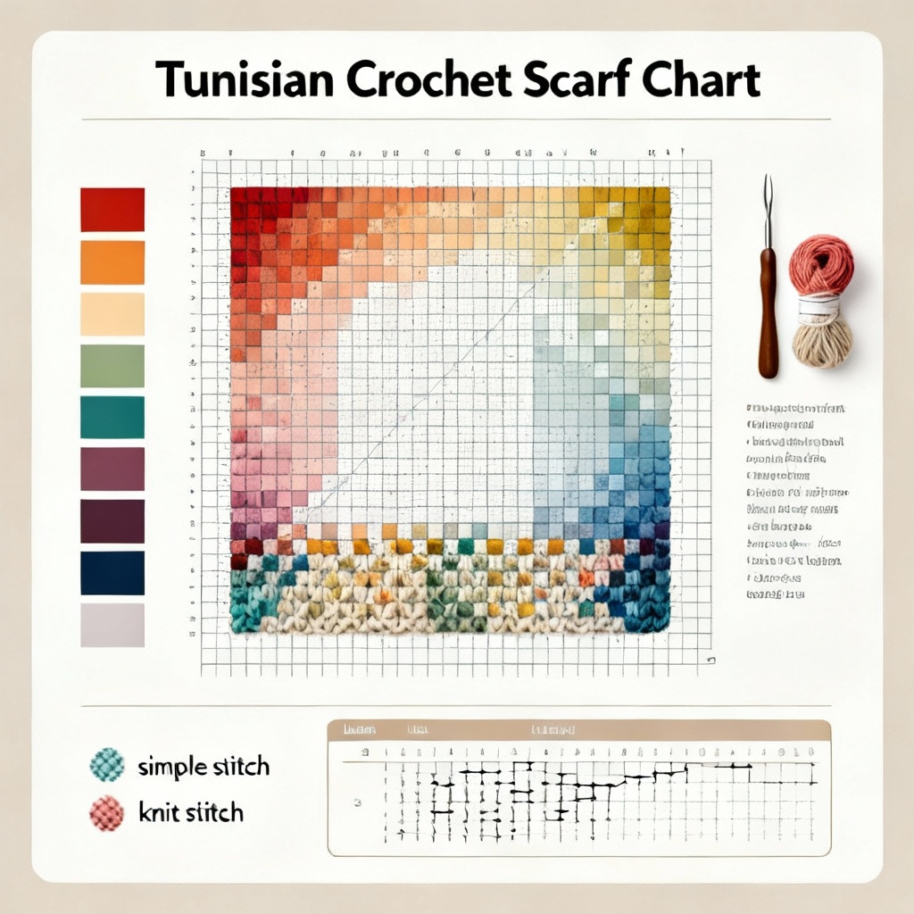 AI Tunisian crochet colorwork scarf chart and swatch