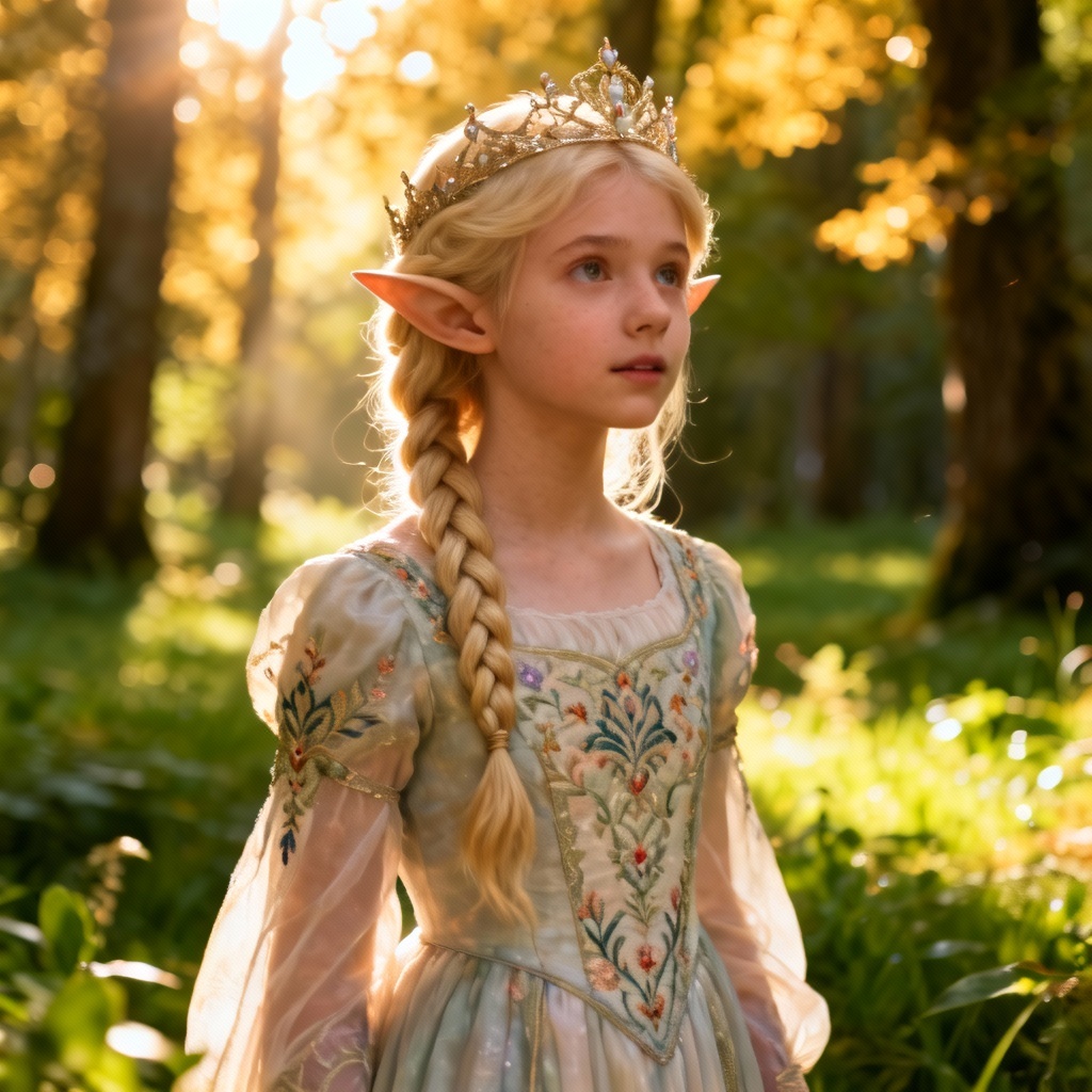 Fantasy elf blonde girl with braids in a forest