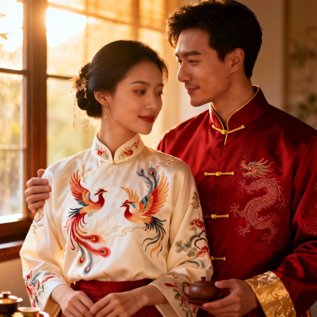 Couple wearing matching tea ceremony Tang suits in red and ivory