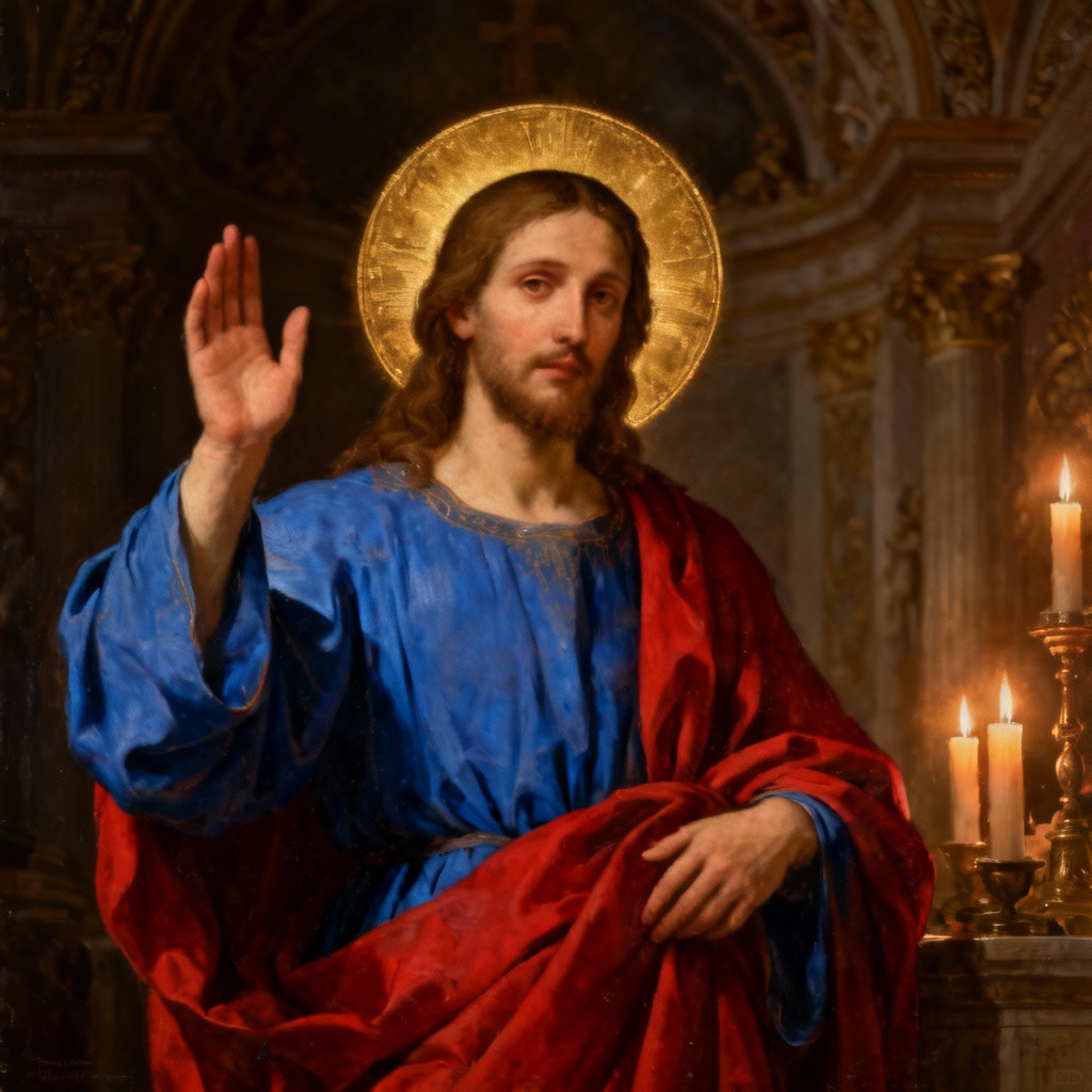 AI Jesus renaissance blessing portrait with golden halo