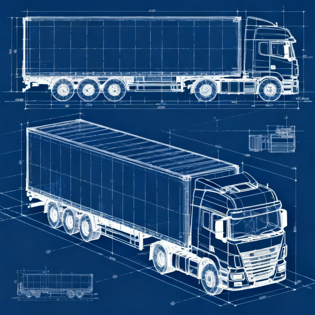 AI technical blueprint drawing of a tractor trailer