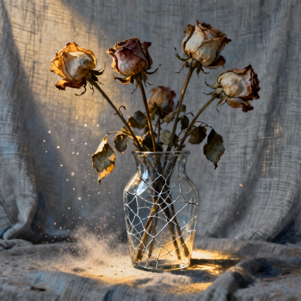 AI wilted bouquet still life with melancholy mood