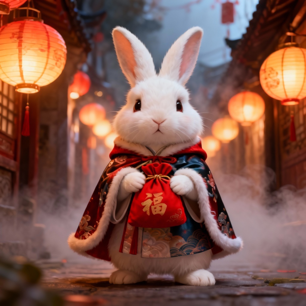 AI rabbit with lucky red pouch in lantern-lit alley