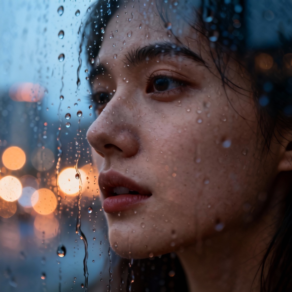 Photo with realistic water droplets on glass in front of a portrait