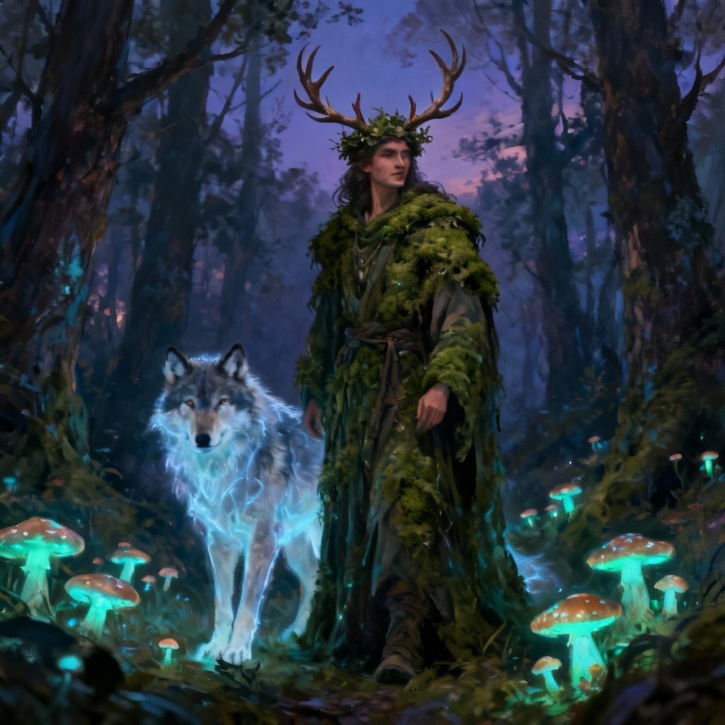 AI druid with antlers and spectral wolf familiar