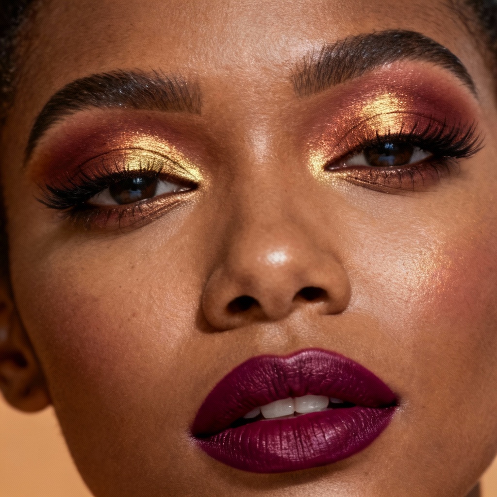 AI glam makeup on deep skin with berry lip and copper eyes