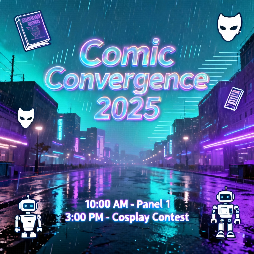 Neon cyberpunk Comic Con banner with city glow and chromatic text
