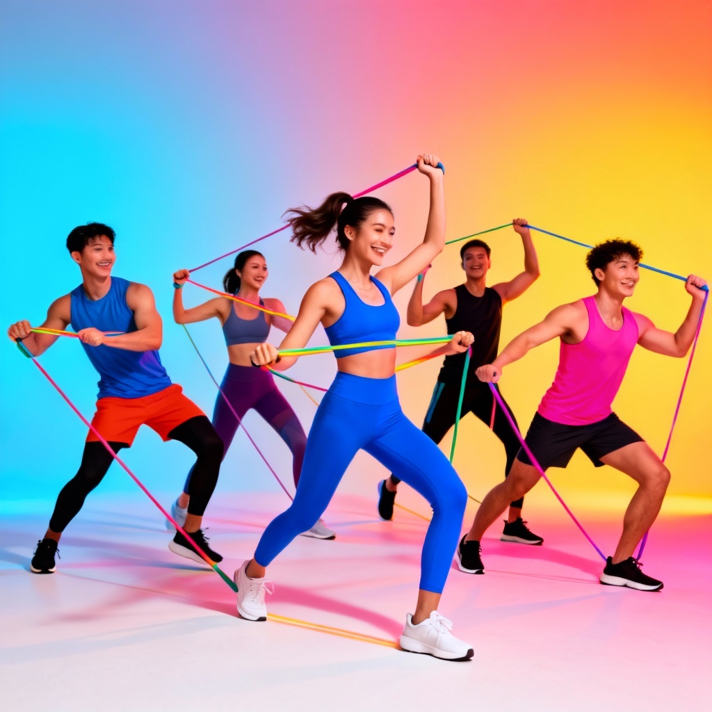 AI gym girl colorful resistance band workout