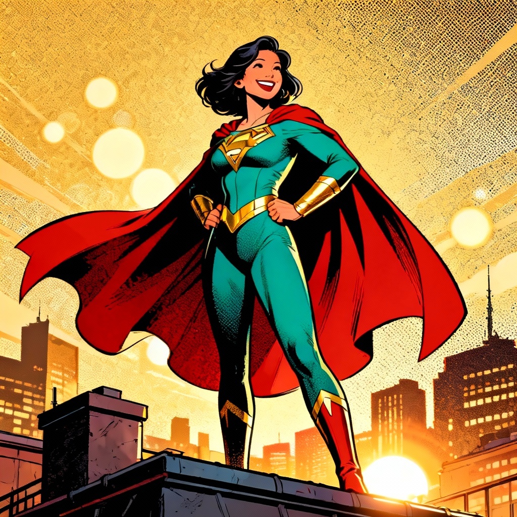 AI Super Mom Portrait With Cape At Sunset