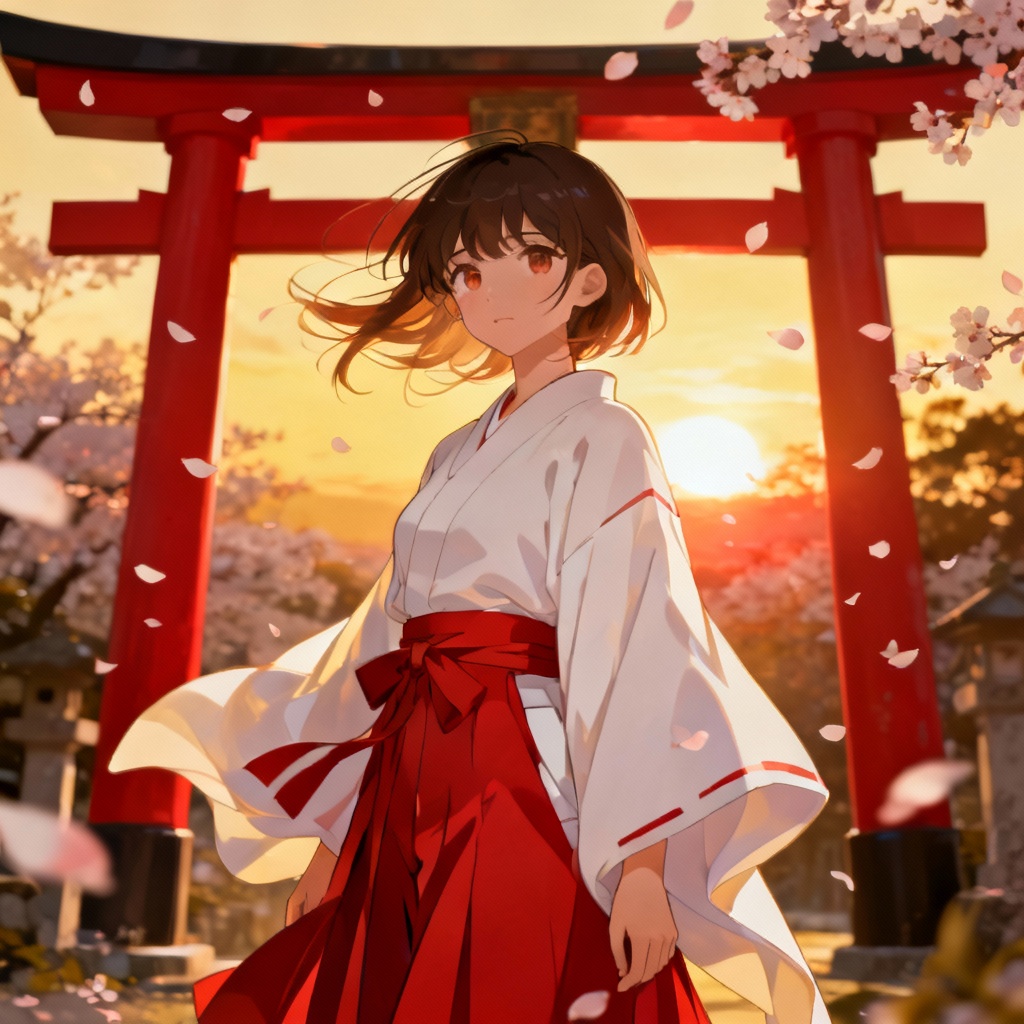 AI shrine maiden under torii with cherry blossoms at sunrise