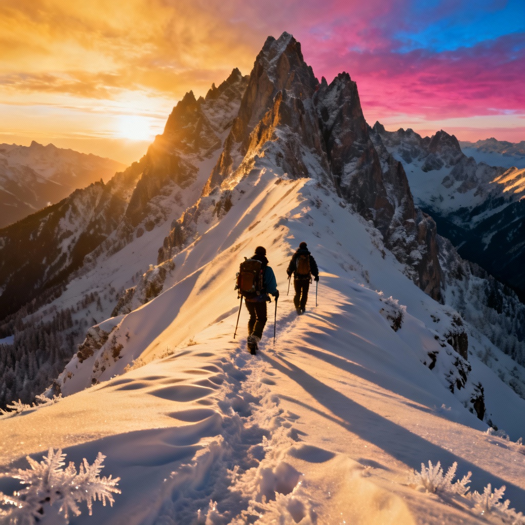 AI hikers on snowy mountain ridge at golden hour