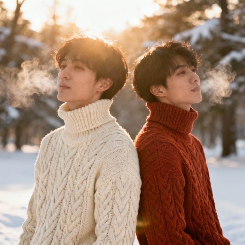AI cable-knit turtleneck sweaters in winter scene
