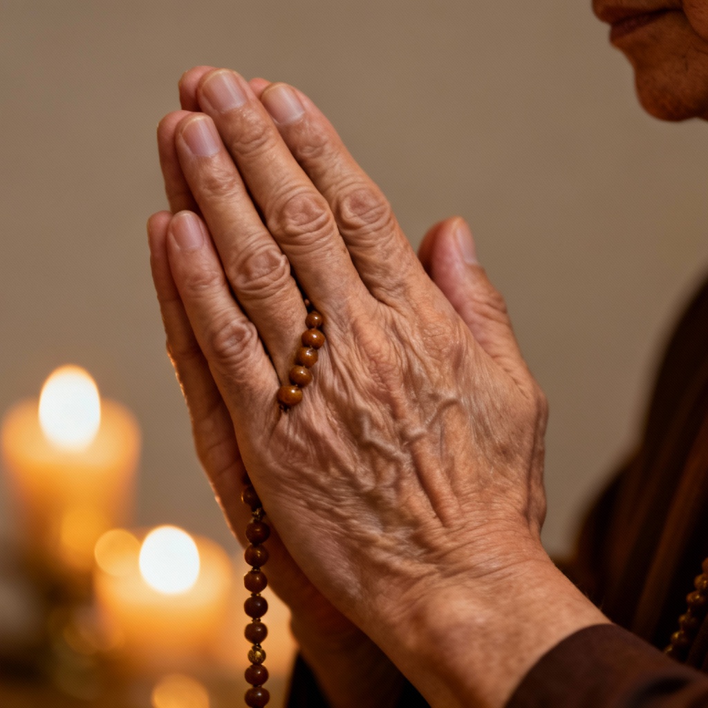 AI digital prayer hands with soft candlelight
