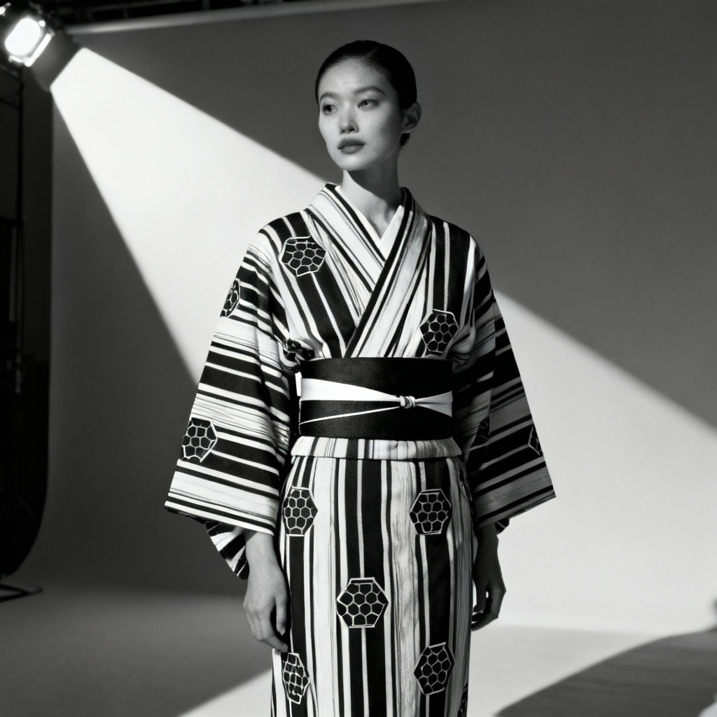 AI modern monochrome yukata editorial look