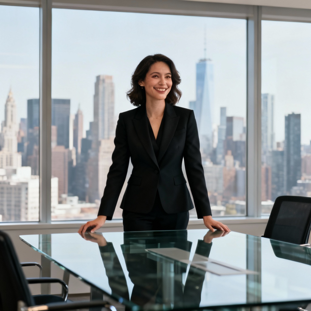 AI female CEO portrait in boardroom with city view