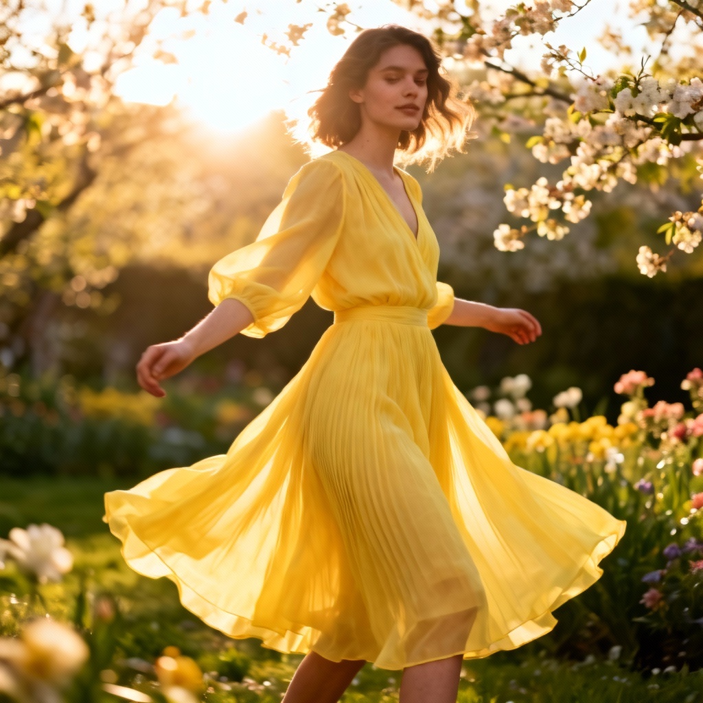 AI model wearing a lemon yellow chiffon midi dress in a sunlit garden