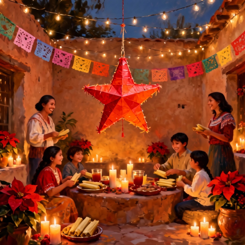 AI image of a star piñata in a courtyard after the Posadas procession