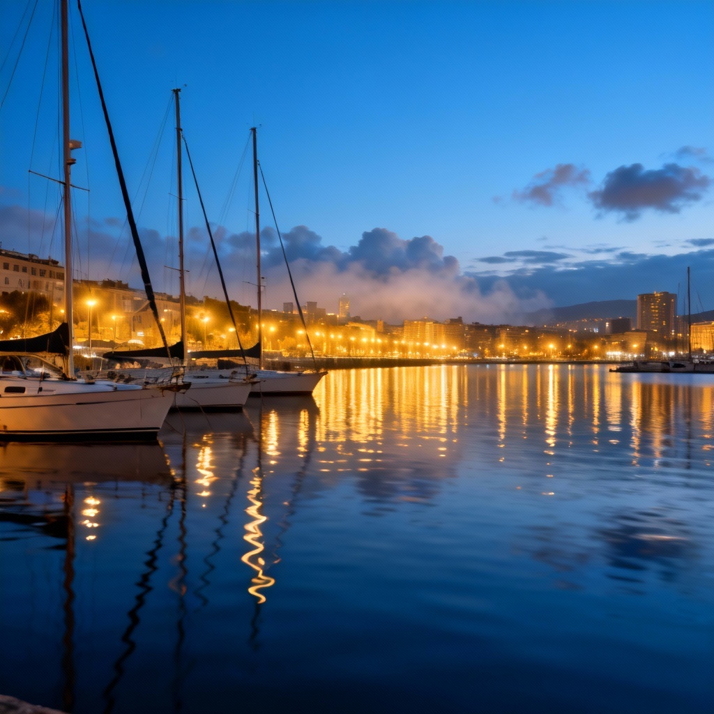 AI blue hour harbor with boats and city lights
