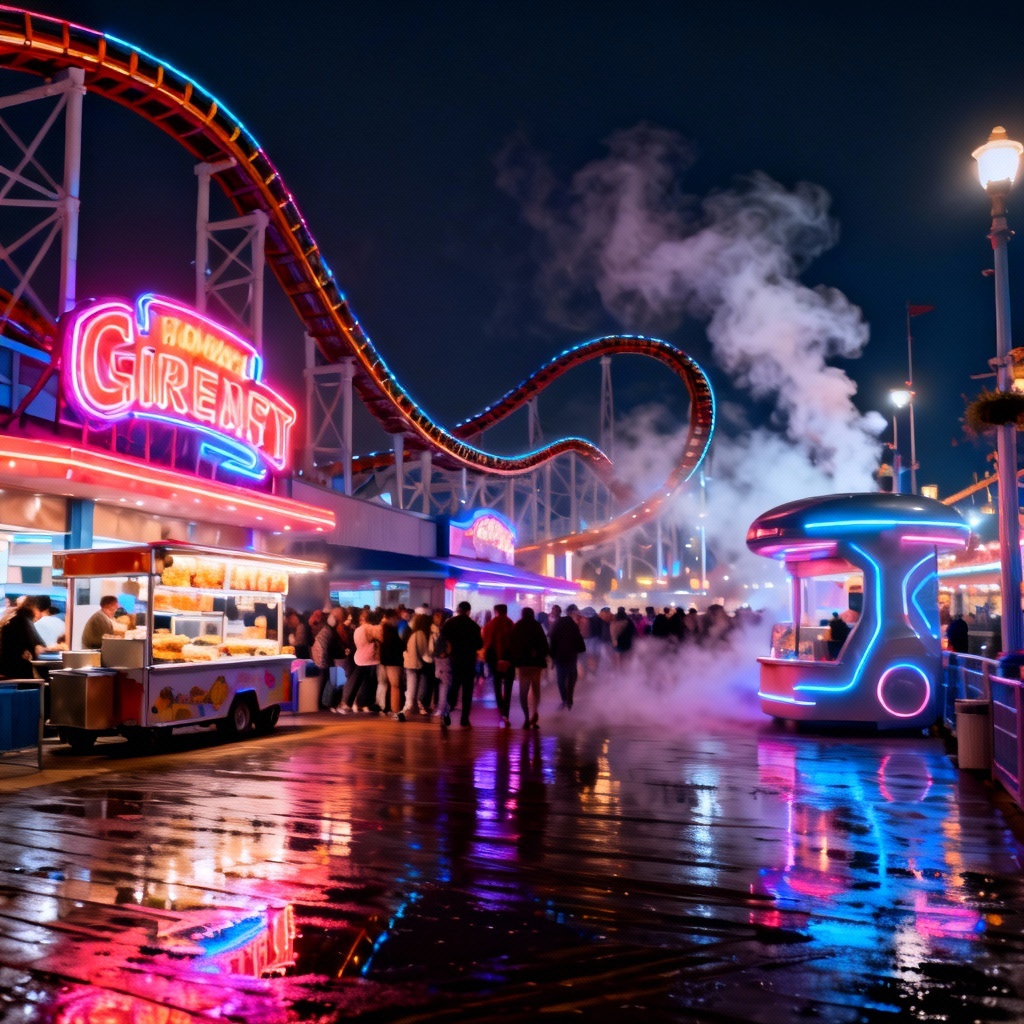 AI cyberpunk-inspired amusement park boardwalk at night