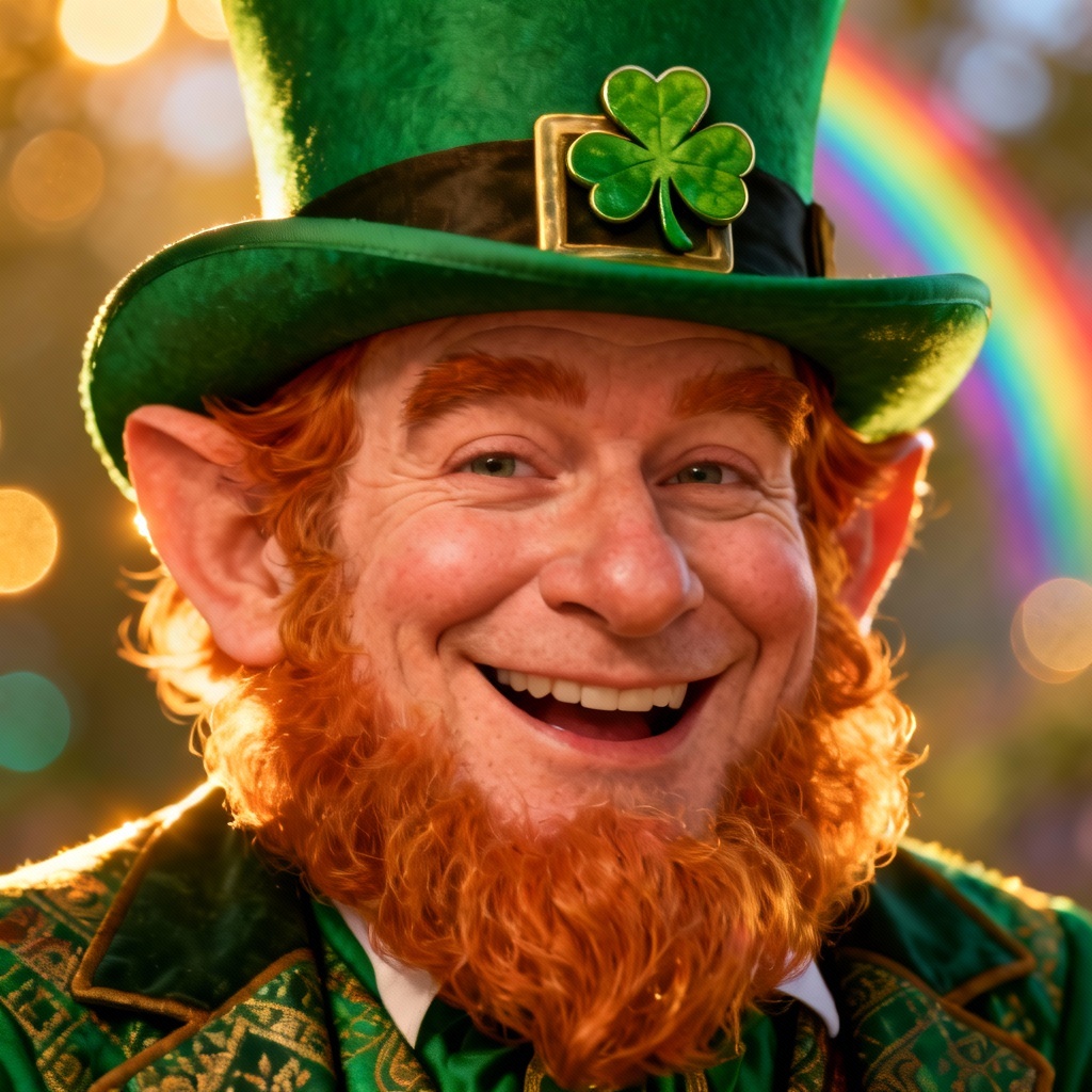 AI leprechaun portrait with emerald hat and shamrock pin