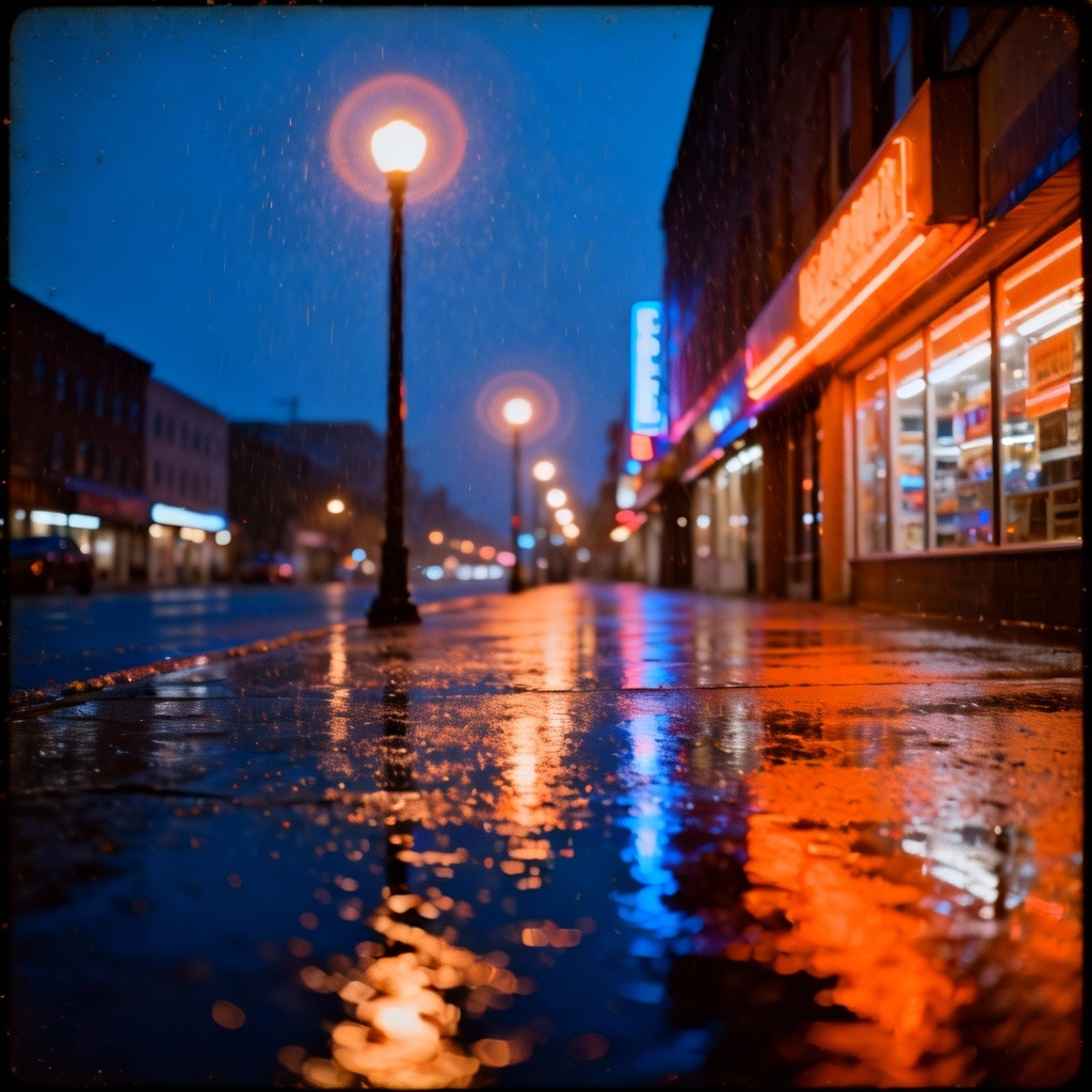 Neon night scene with cross-processed colors and film grain