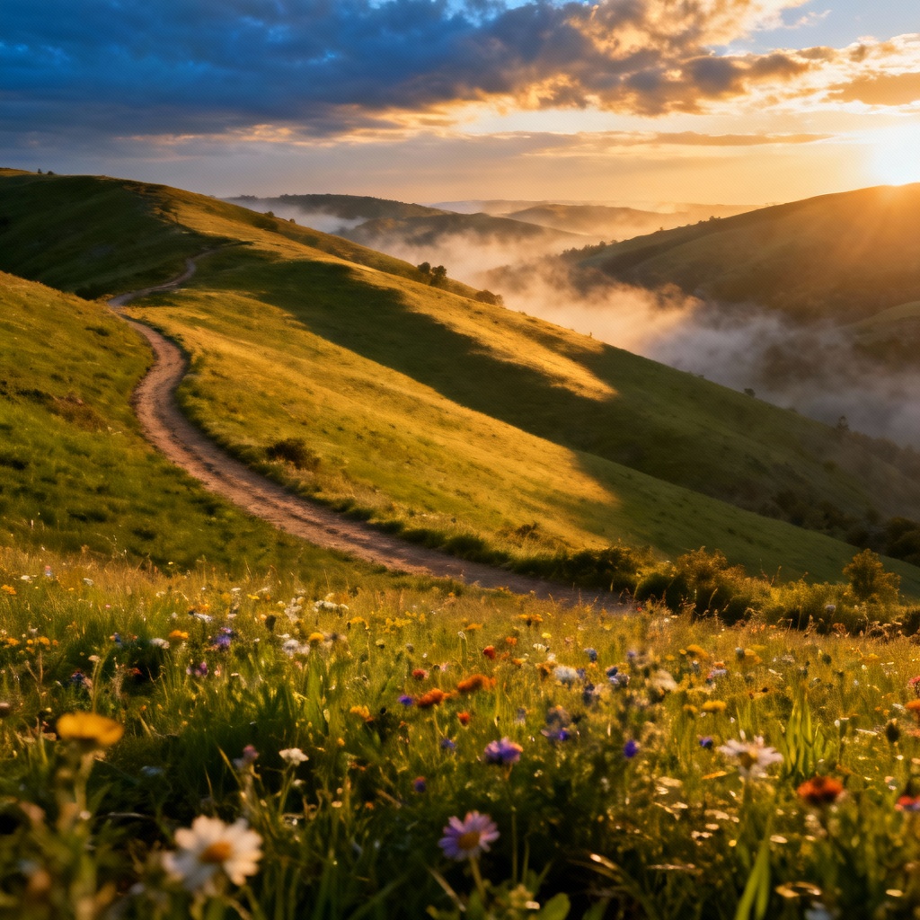 AI rolling hills landscape at golden hour with soft fog