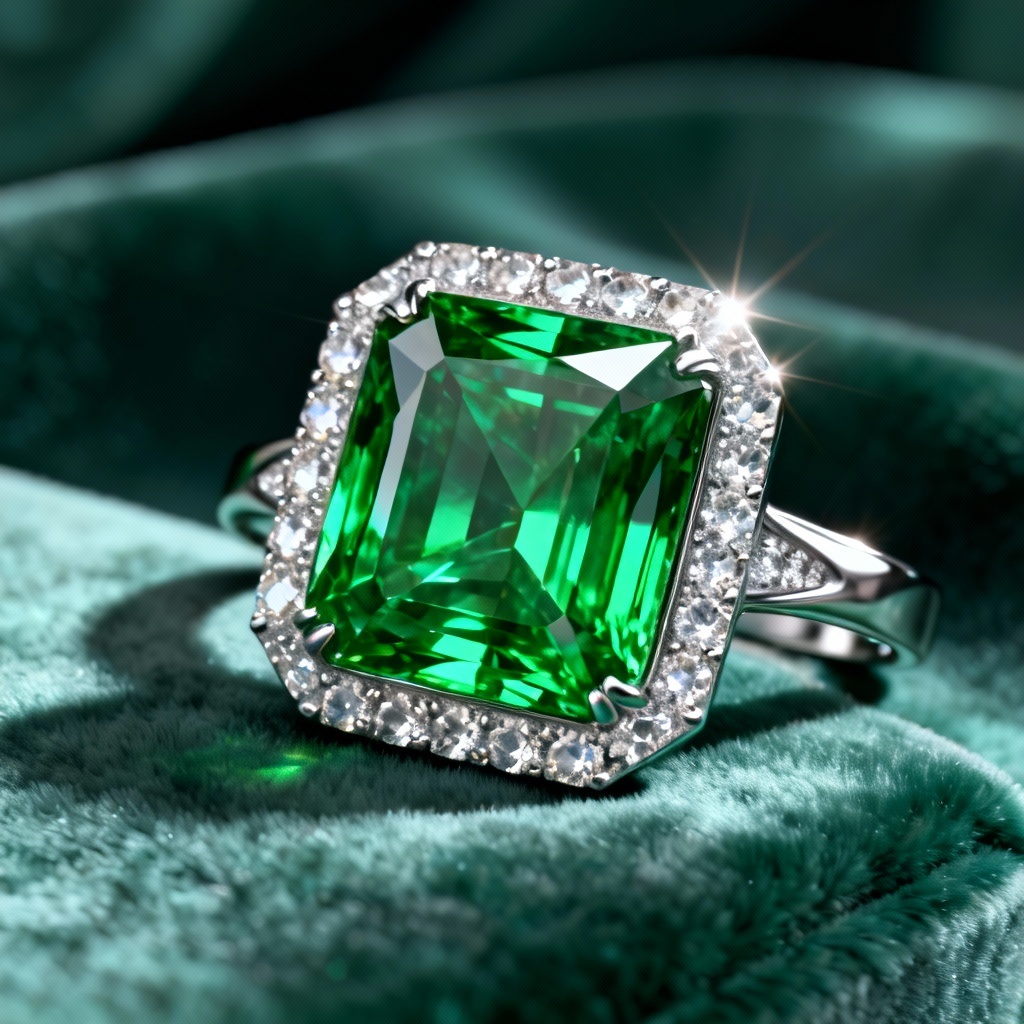 AI Emerald ring render with diamond halo