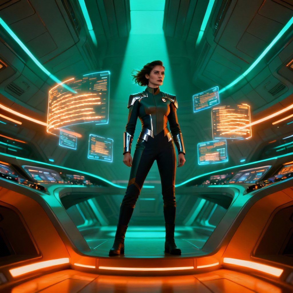 AI sci fi actress character on starship bridge