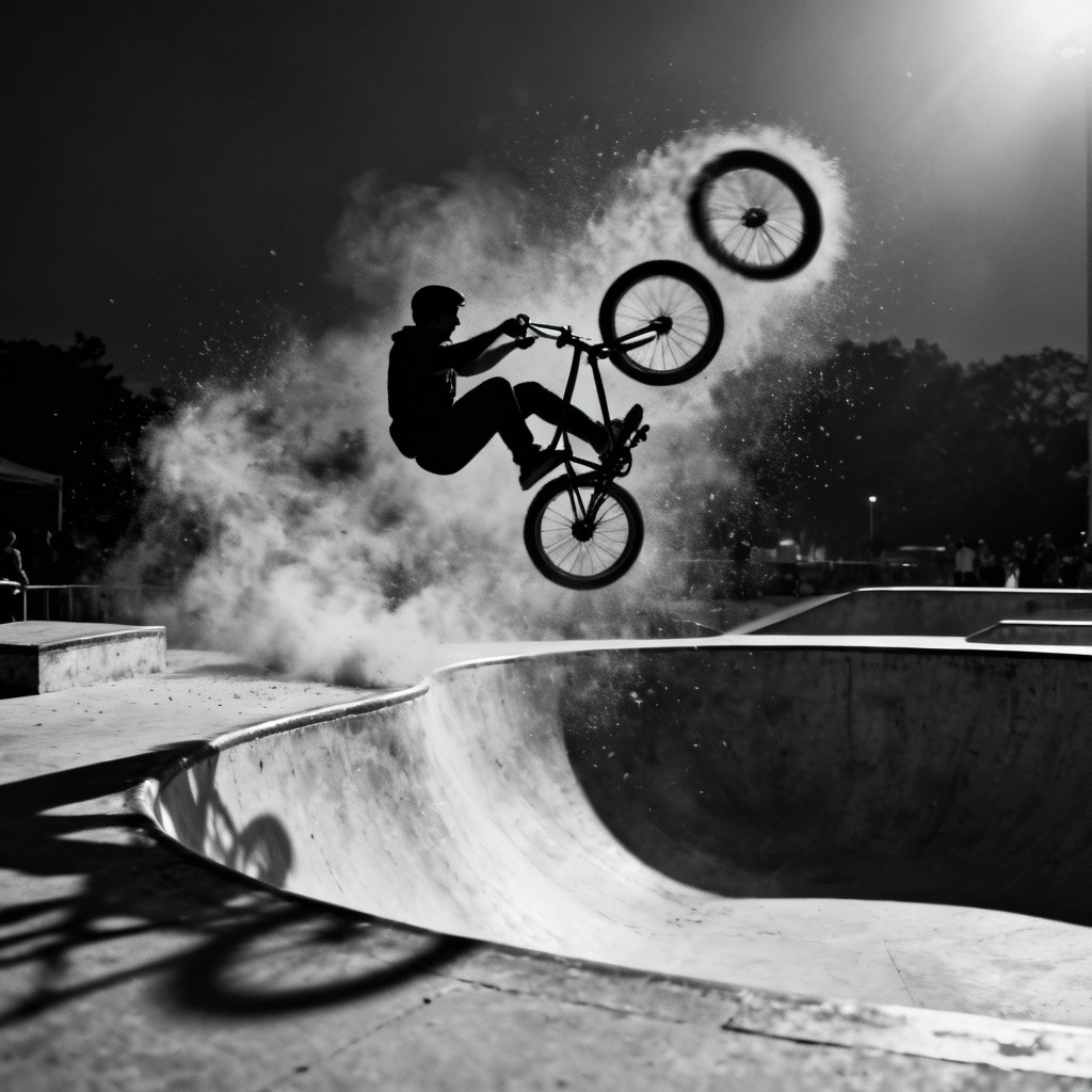 AI BMX trick photo in skatepark
