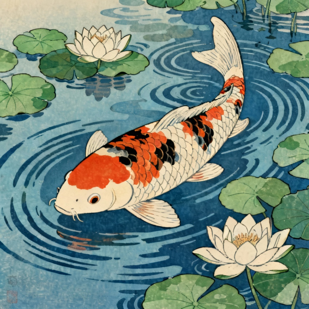 AI ukiyo-e koi carp swimming among lily pads