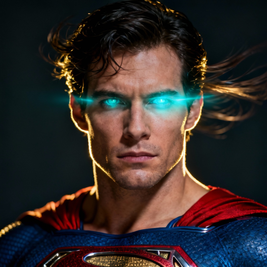 AI portrait of Superman-style hero with glowing eyes