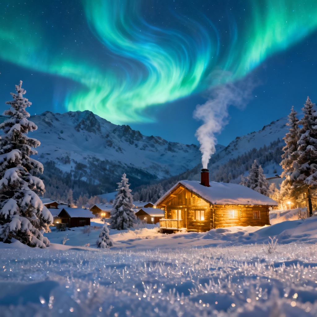 Cozy snowy village under aurora lights