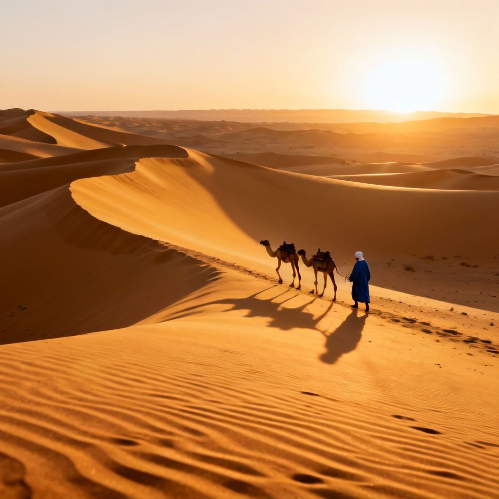 AI-generated Sahara dunes at sunrise with camel caravan