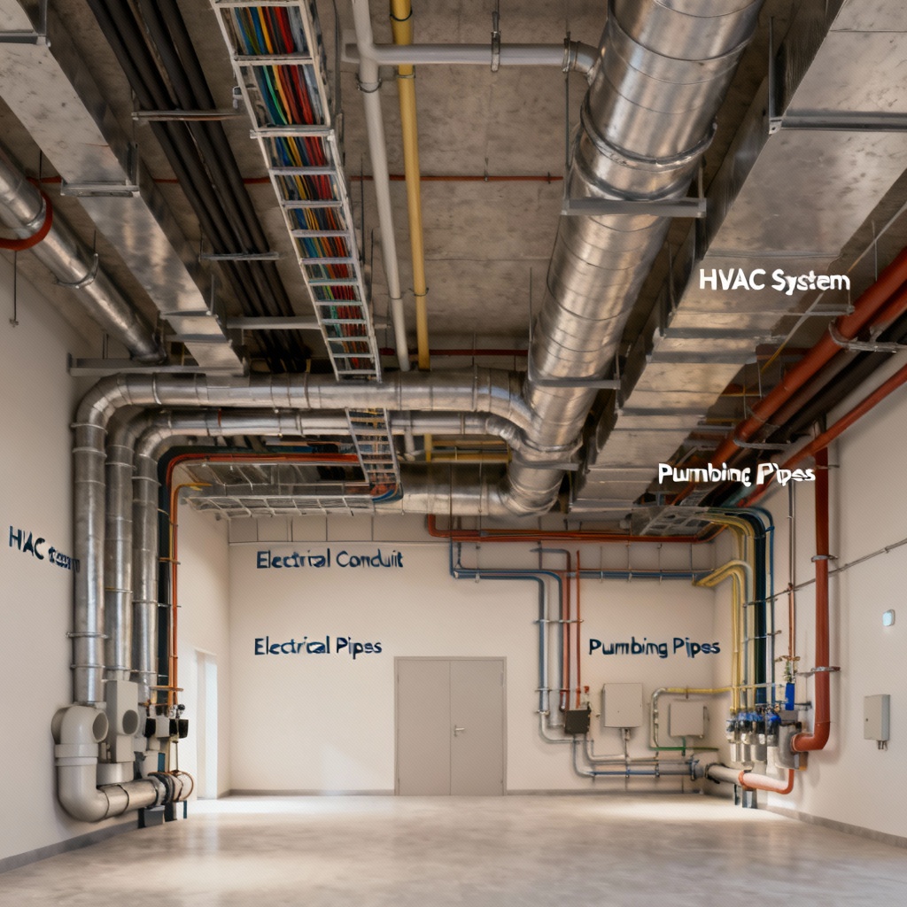 AI interior MEP coordination view with ducts and piping