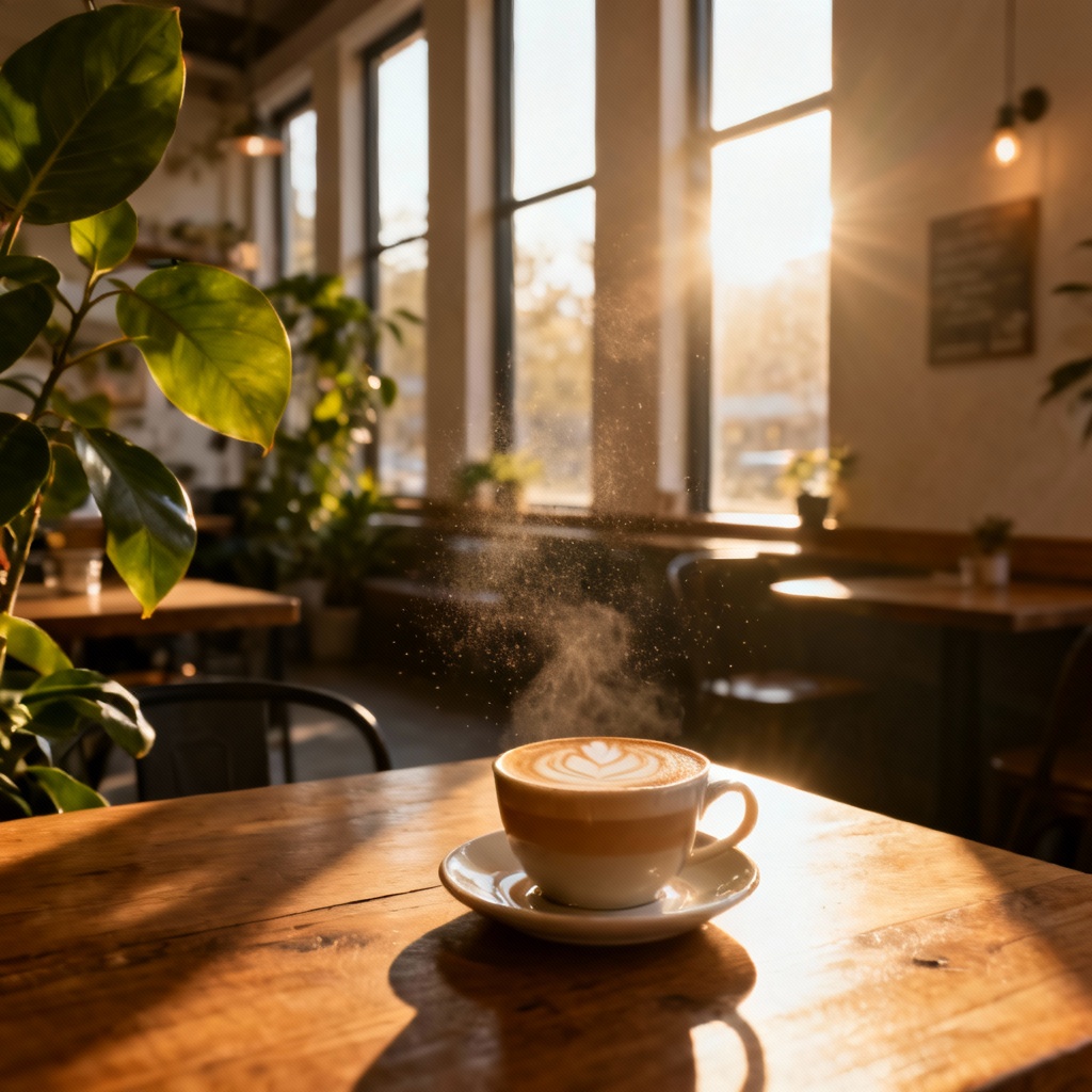 AI cozy cafe interior with warm sunlight and plants