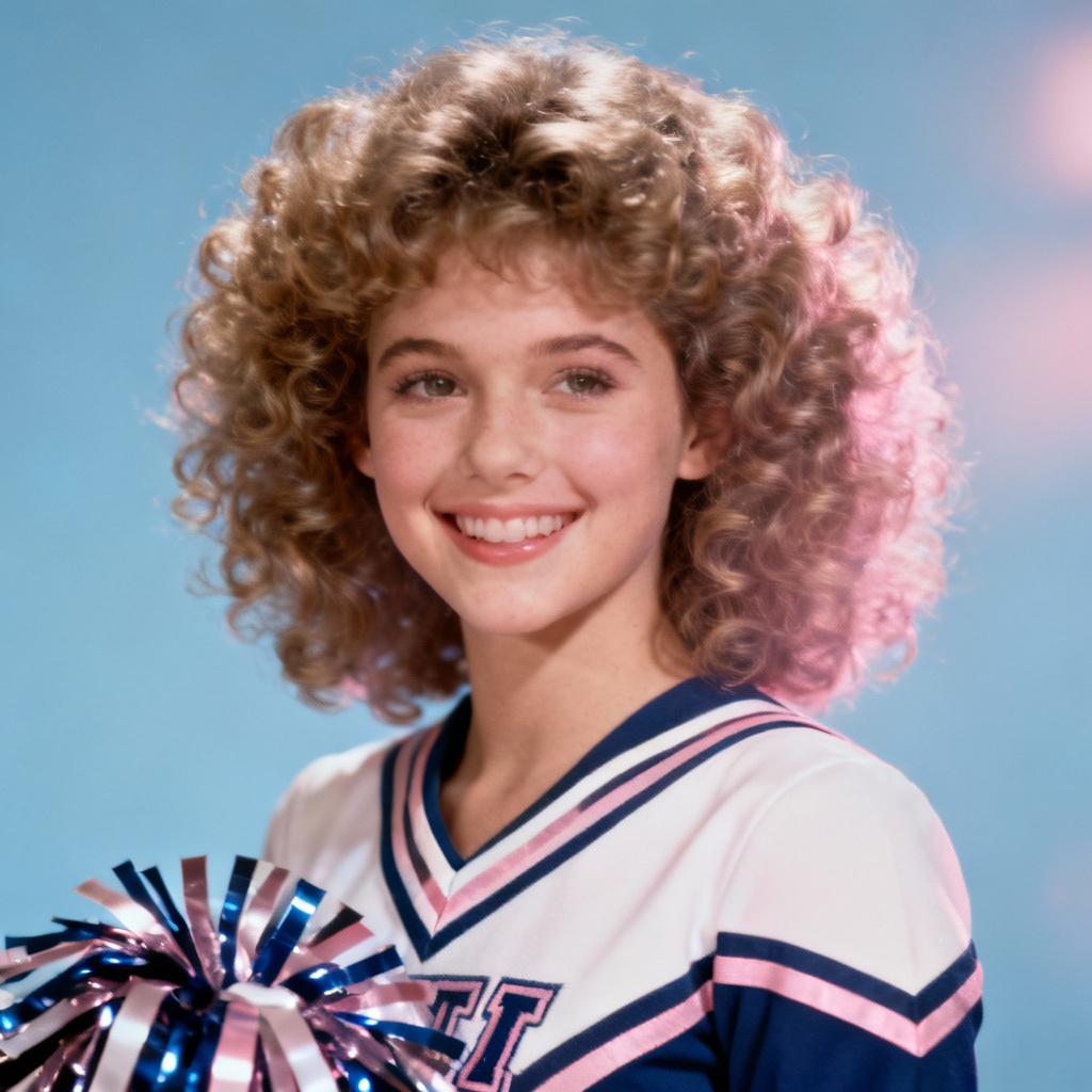 AI 80s cheer uniform yearbook headshot with soft glow