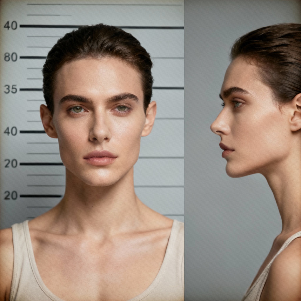 AI fashion editorial mugshot with clean studio lighting