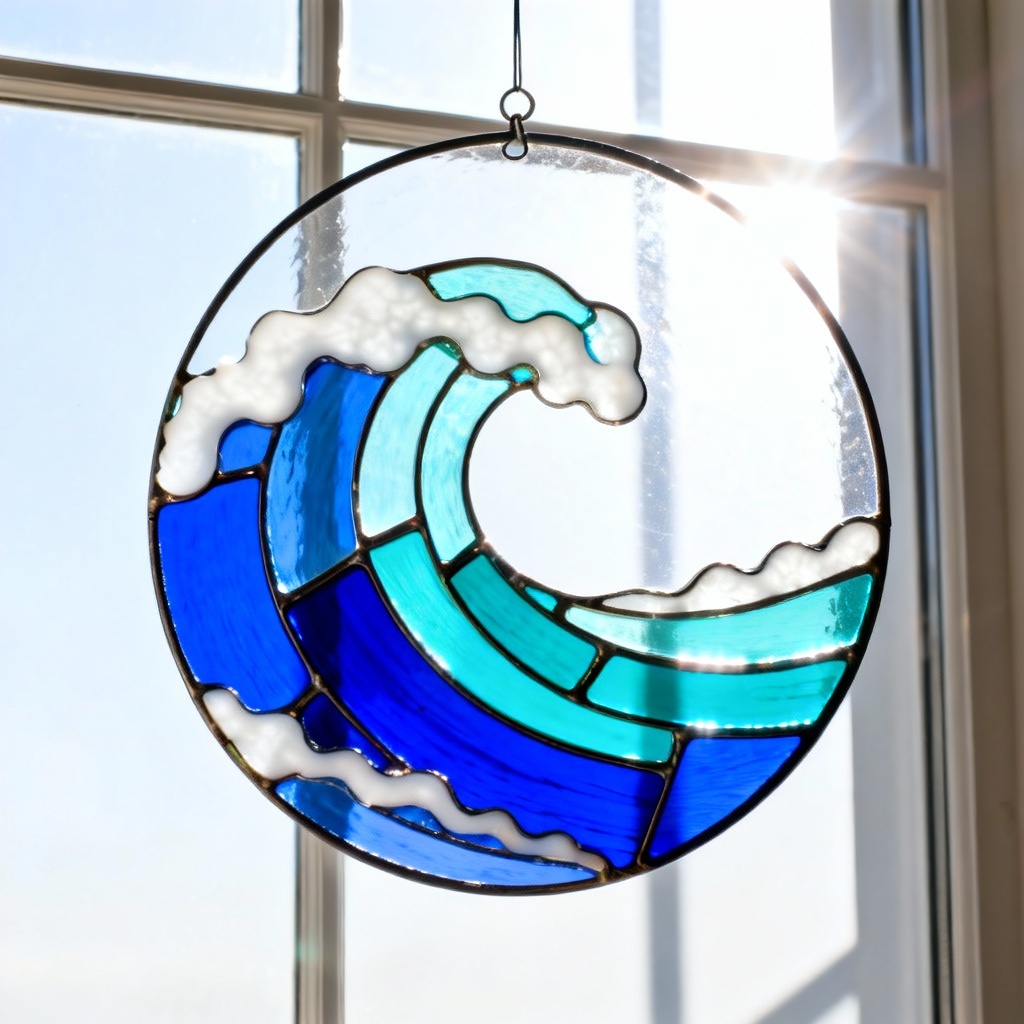 AI ocean wave stained glass suncatcher