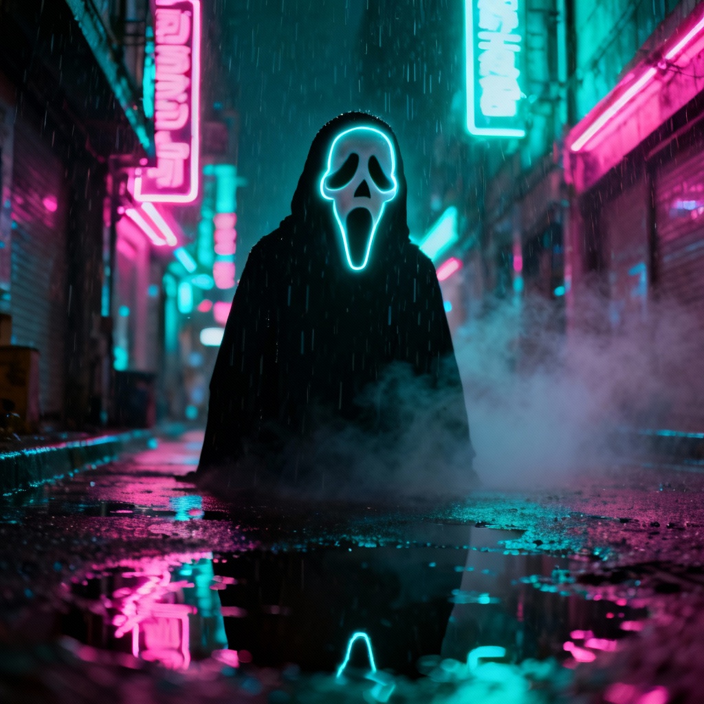 AI Ghostface cyberpunk alley scene