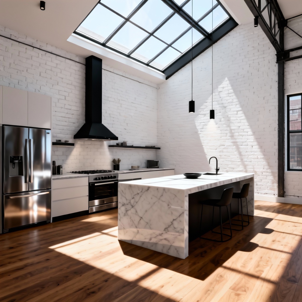 AI skylit loft kitchen with realistic daylight and soft shadows