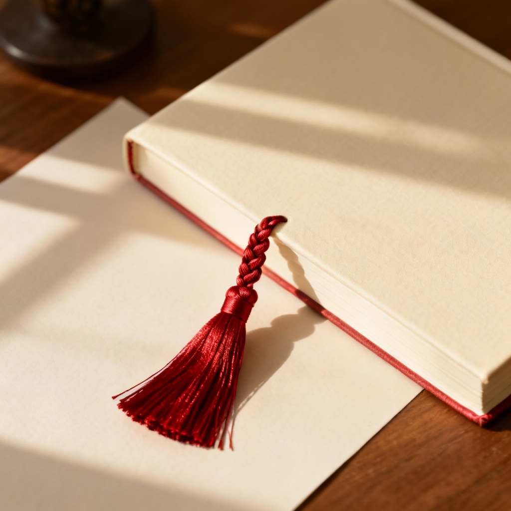 Notebook flat lay with red silk bookmark tassel